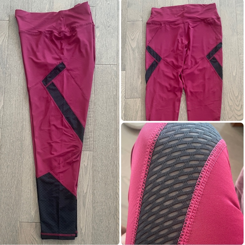 SHEIN Burgundy Black Mesh Accent High Waist Workout Leggings Yoga Pants Large